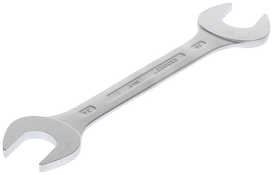 Stříbrný vidlicový klíč o velikostech 19 mm a 22 mm, položený na bílém pozadí.