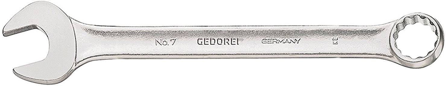 Stříbrošedý klíč s jednostranným otevřeným koncem a jednostranným kroužkovým koncem, na jehož rukojeti je gravírován nápis 'GEDORE'.