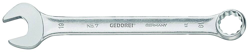 Stříbrný klíč s otevřeným koncem vlevo a očkovým klíčem vpravo, s nápisem 'No.7 GEDORE GERMANY 19'.