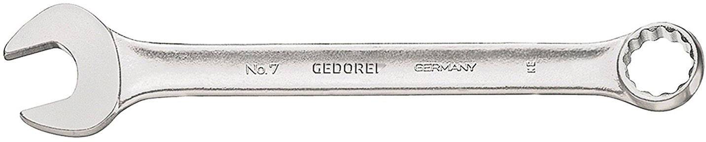 Stříbrný klíč s otevřenou a kroužkovou stranou, s gravírováním 'No. 7 GEDORE GERMANY'.