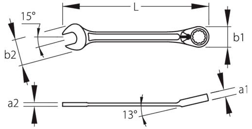 Diagram nastavitelného klíče znázorňující rozměry. Pohled shora ukazuje 15° a 13° úhly, s délkami označenými L, b1, b2, a1, a2.