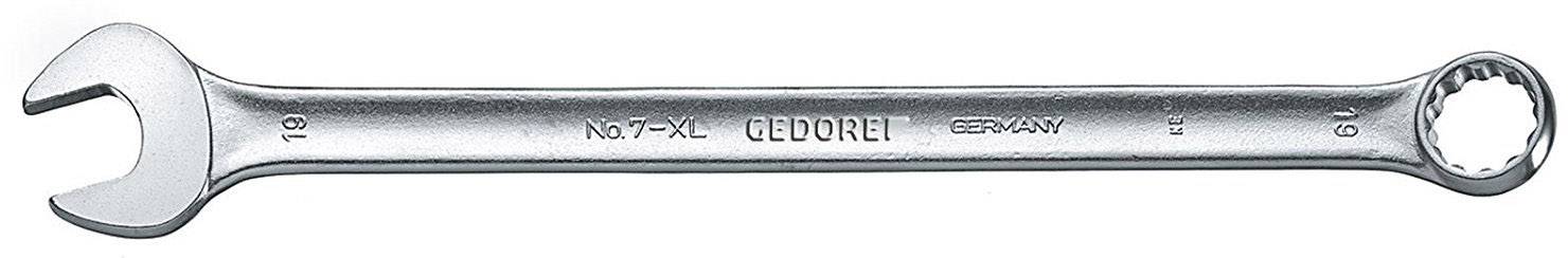 Stříbrný očkový klíč značky Gedore, velikost 19 mm, vhodný pro utahování nebo povolování šroubů a matic.