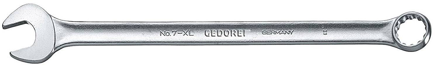 Stříbrný kroužkový klíč s otevřenou a uzavřenou stranou; gravírovaný nápis 'GEDORE'. Používá se především pro mechanické práce.