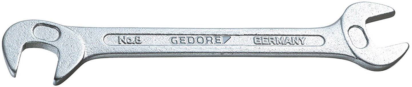 Stříbrný klíč s nápisem 'No. 8 GEDORE GERMANY', vhodný pro dvě různé velikosti šroubů.