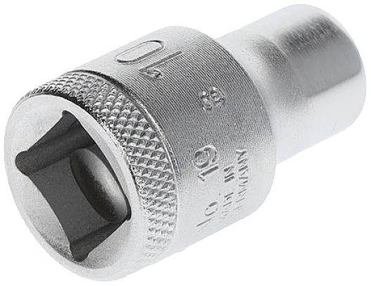 '10mm nástrčný klíč, ocel, stříbrná barva. Detail ukazuje vroubkovanou rukojeť pro lepší úchop a značení 10 mm.'