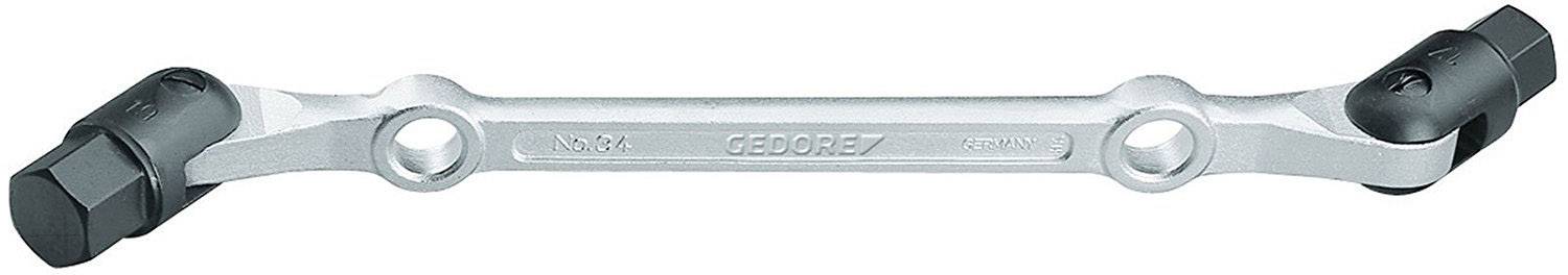 Stříbrný oboustranný klíč značky 'GEDORE' se dvěma černými konci s odlišnými tvary, určenými pro práci s různými typy šroubů.