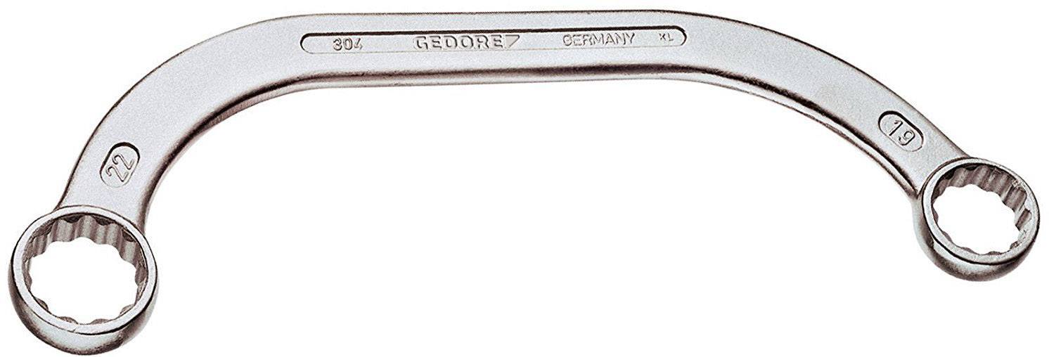 Zahnutý oboustranný očkový klíč s velikostmi čelistí 19 a 22 mm. Nápis: 'GEDORE GERMANY'. Nástroj určený pro šroubovací práce.