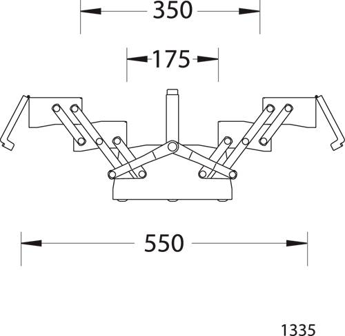 'Schéma mechanické ramene s rozměry: 175, 350 a 550 jednotek zobrazeny. Diagram zdůrazňuje rozměry ramene a uspořádání komponent.'