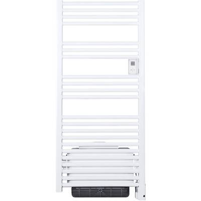 Bílý topný žebřík s vestavěným elektronickým termostatem. Ve spodní části je větrací mřížka.