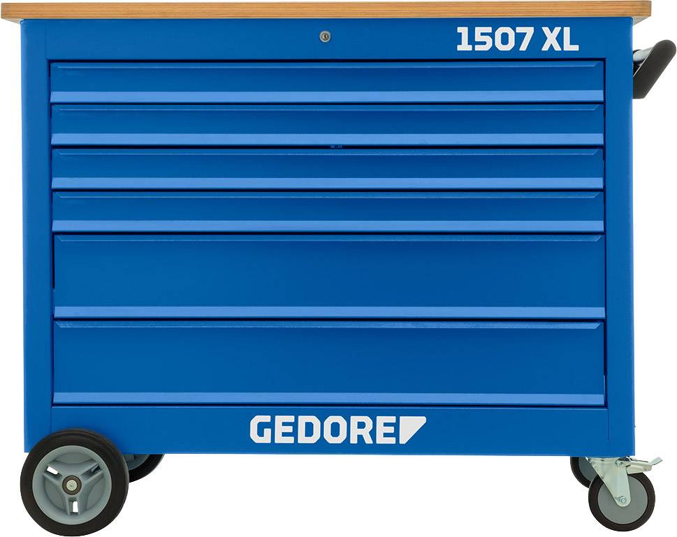 Modrý montážní vozík značky Gedore s pěti zásuvkami, model '1507 XL'. Vozík je vybaven kolečky a má dřevěný povrch.