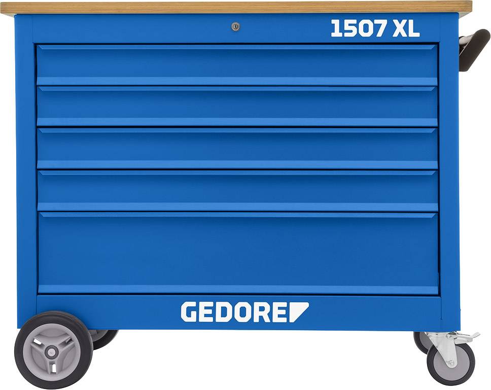 Modrý montážní vozík s pěti zásuvkami, nahoře vlevo štítek '1507 XL', dole logo 'GEDORE', dva velké kolečka vpravo viditelné.