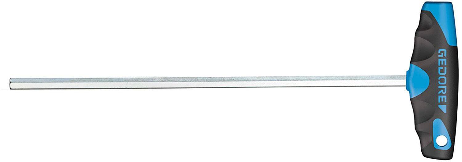 T-shaped šroubovák s modro-černou rukojetí a dlouhým, přímým dříkem; užitečný pro pevné utahování šroubů.