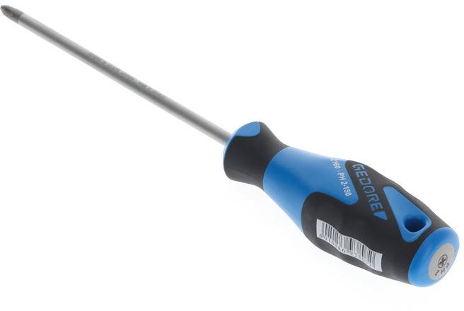 Modrý šroubovák s černou rukojetí leží šikmo na bílém pozadí. Rukojext má ergonomický tvar.