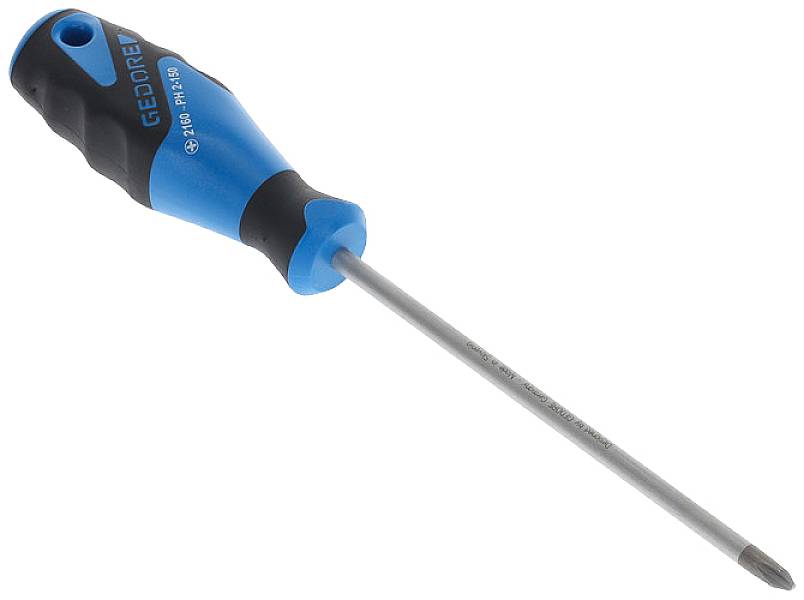 Křížový šroubovák s modro-černou rukojetí a stříbrným kovovým dříkem.
