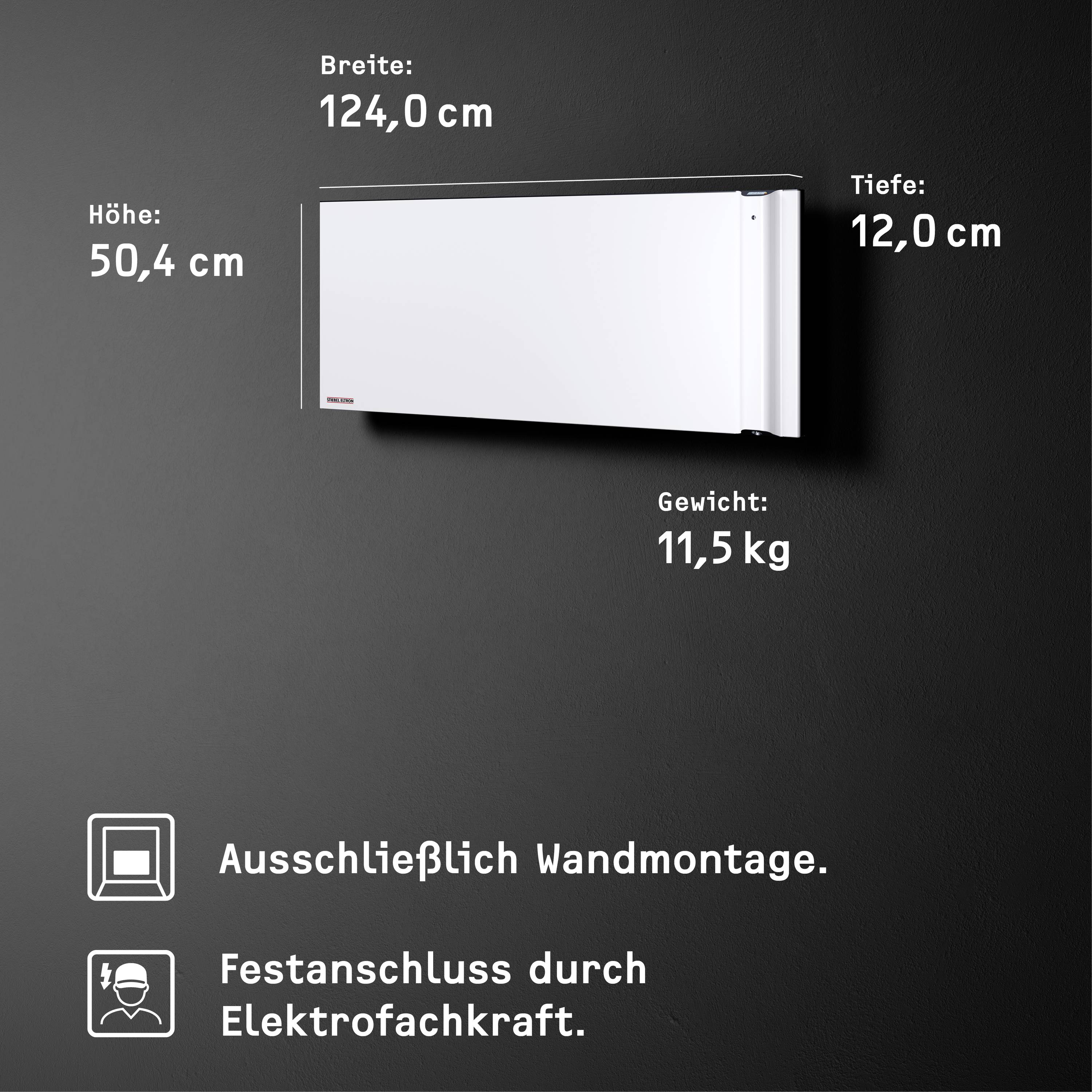 Bílé nástěnné zařízení o rozměrech 124 x 50,4 x 12 cm, hmotnost 11,5 kg. Text: 'Pouze nástěnná montáž' a 'Pevné připojení odborným elektrikářem'.