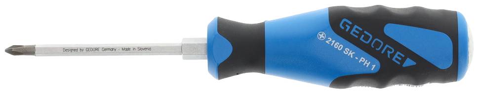 Křížový šroubovák v modré a černé barvě s ergonomickou rukojetí, značka 'Gedore', model PH1. Vhodný pro menší šrouby.