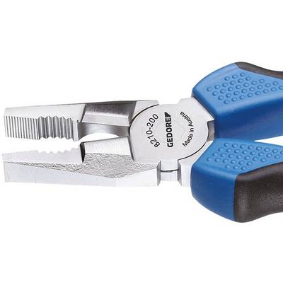 Stříbrné kleště s modrými rukojeťmi, označené 'Gedore 8210-200 Made in Austria', mají vroubkované čelisti pro pevný úchop.