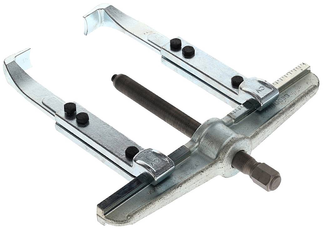 Kovový stahovák se dvěma háky a centrálním šroubovým mechanismem, používaný k demontáži součástí jako jsou ložiska nebo ozubená kola.