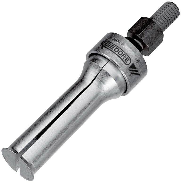 Stříbrný nástroj s válcovým rukověťkem a závitem, používaný pro přesné technické nebo mechanické aplikace.