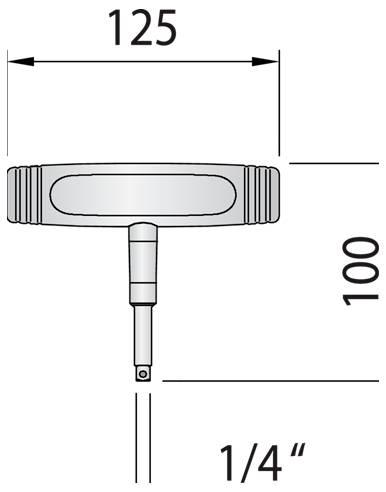 Technický výkres T-shaped ruční nástrojové rukojeti s rozměry: šířka 125 mm, výška 100 mm a velikost hřídele 1/4 palce.