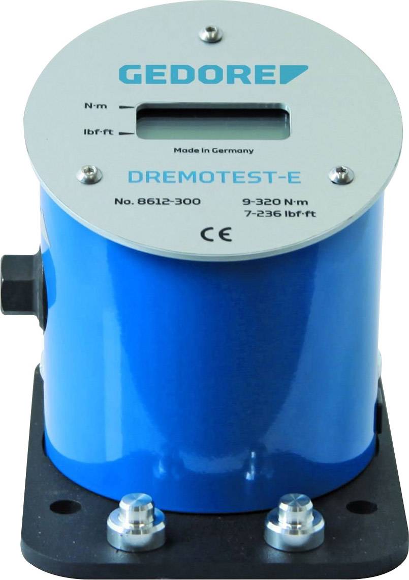 Modrý přístroj DREMOtest-E pro měření momentu síly, vyrobený v Německu. Stupnice v N·m a lbf·ft, model č. 8612-300.