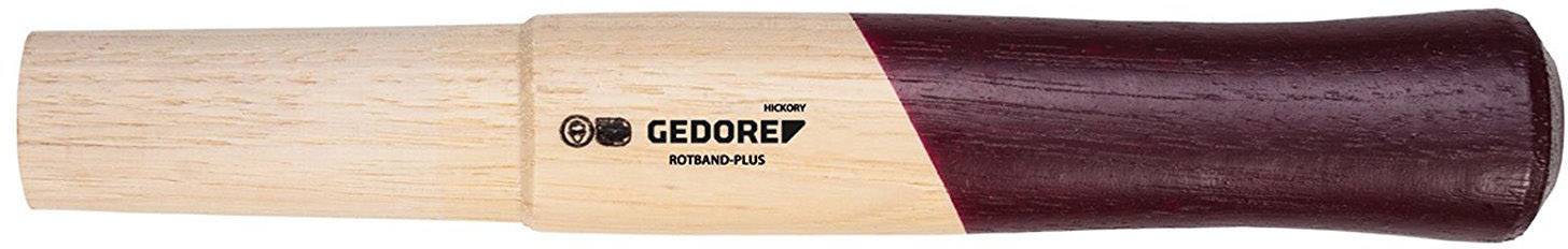 Dřevěná rukojeť nástroje s tmavým koncovým krytem a nápisem 'GEODORE ROTBAND-PLUS'.