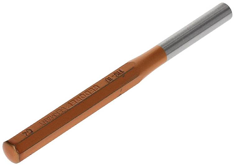 Oranžový kovový hrot s stříbrnou rukojetí. Na povrchu je napsáno 'Germany'. Nástroj určený pro gravírování.