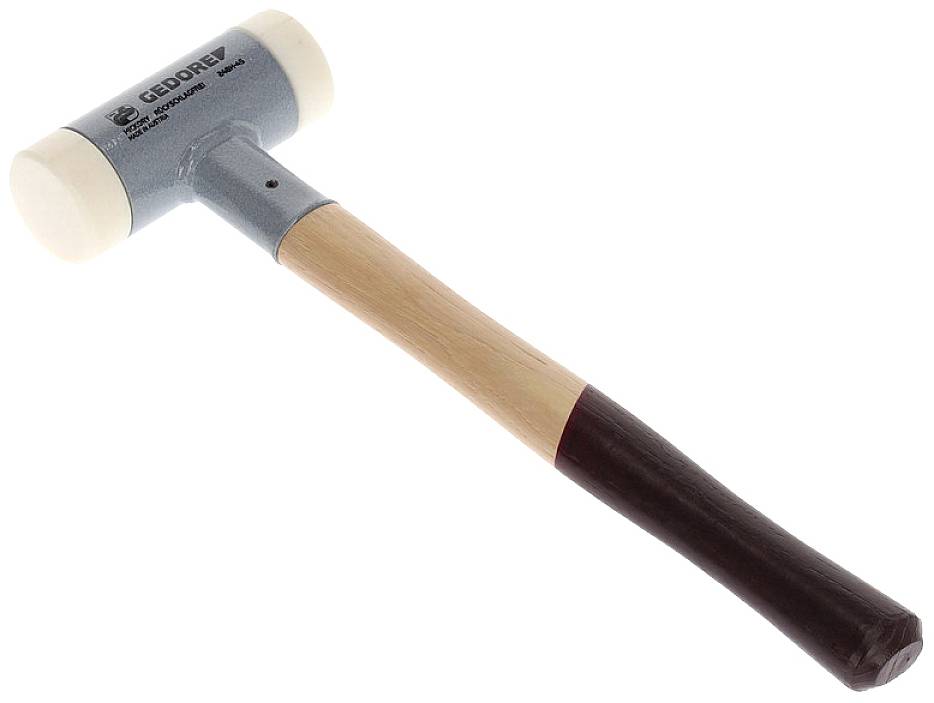 Dřevěné kladivo se stříbrnou kovovou hlavou a bílými konci, vhodné pro jemné opracování materiálů.