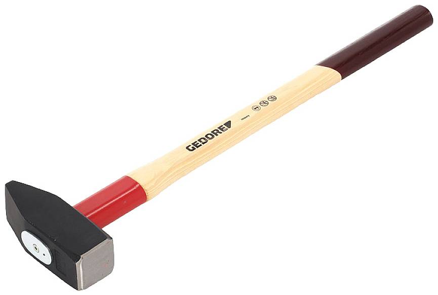 Kladivo Holzhammer s červenou a hnědou rukojetí a černou hlavou, značka 'GEDORE'.