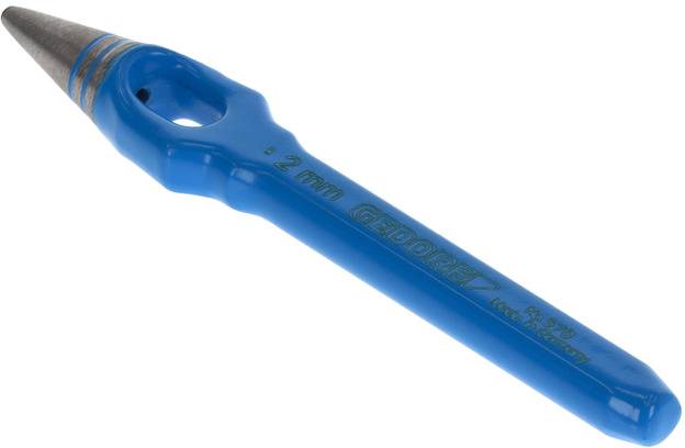 Modré průbojníkové nástroje s kovovým hrotem, 2 mm značení na straně, vhodné pro přesné řezání nebo děrování materiálů.