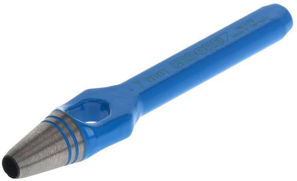 Modrý děrovač s kovovým hrotem, označený '7 mm', se používá k děrování otvorů do různých materiálů.