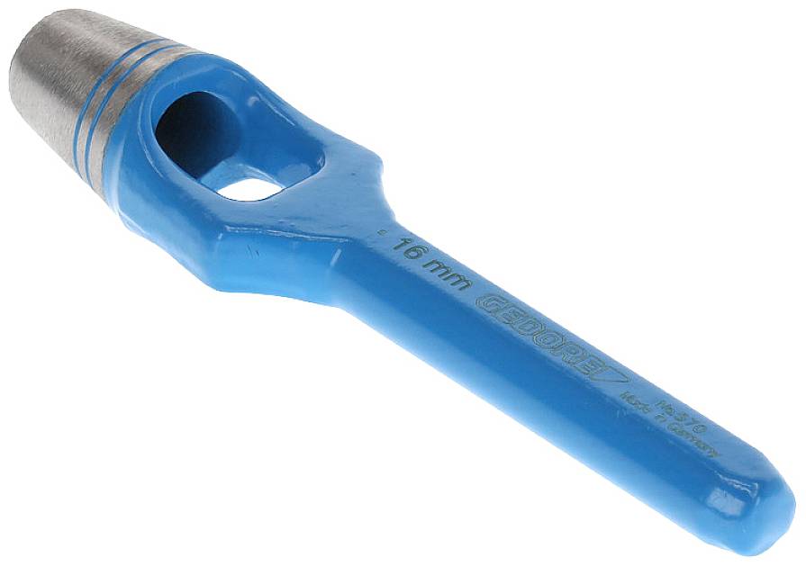 Modrý děrovač kůže, 16 mm, vyrobený z kovu a plastu. Používá se k děrování otvorů do kůže nebo podobných materiálů.