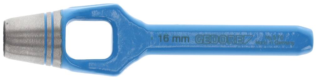 Důlkovač s modrým držadlem a kovovým hrotem, 16 mm, značka Gedore. Používá se k vytváření děr v různých materiálech.