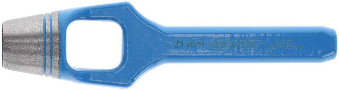 Modrý, kovový razicí přístroj, označený '21 mm', používaný k děrování kulatých otvorů v materiálech.
