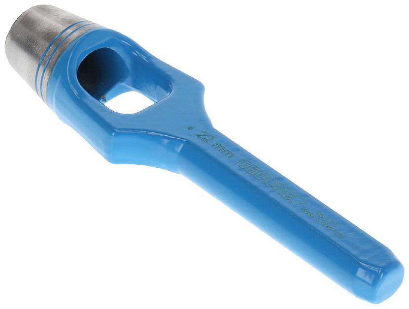 Modrý děrovač s kovovým tělem, označený jako 22 mm. Vhodný pro vytváření kulatých otvorů v různých materiálech.