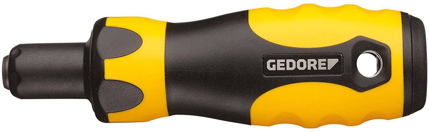 Žluto-černá rukojeť šroubováku s logem 'GEDORE', ergonomicky tvarovaná pro pohodlné uchopení, bez viditelných hrotů.