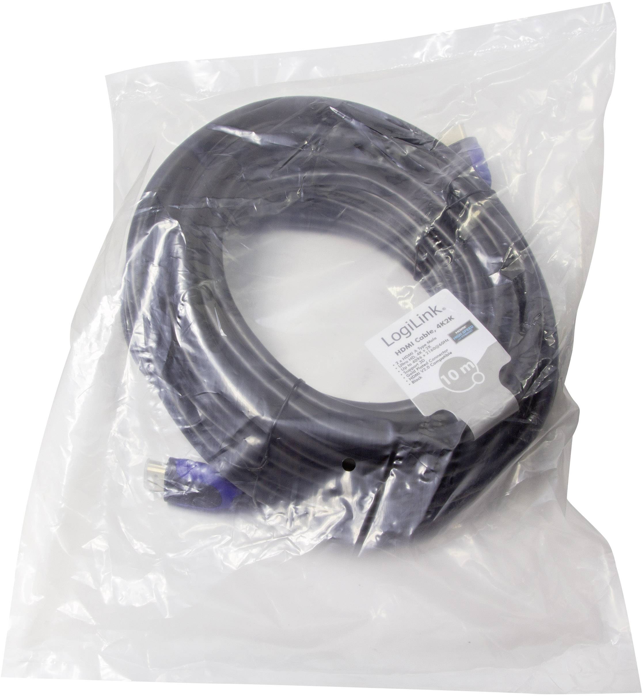 Černý VGA kabel, 10 m, zabalený v průhledné plastové fólii.