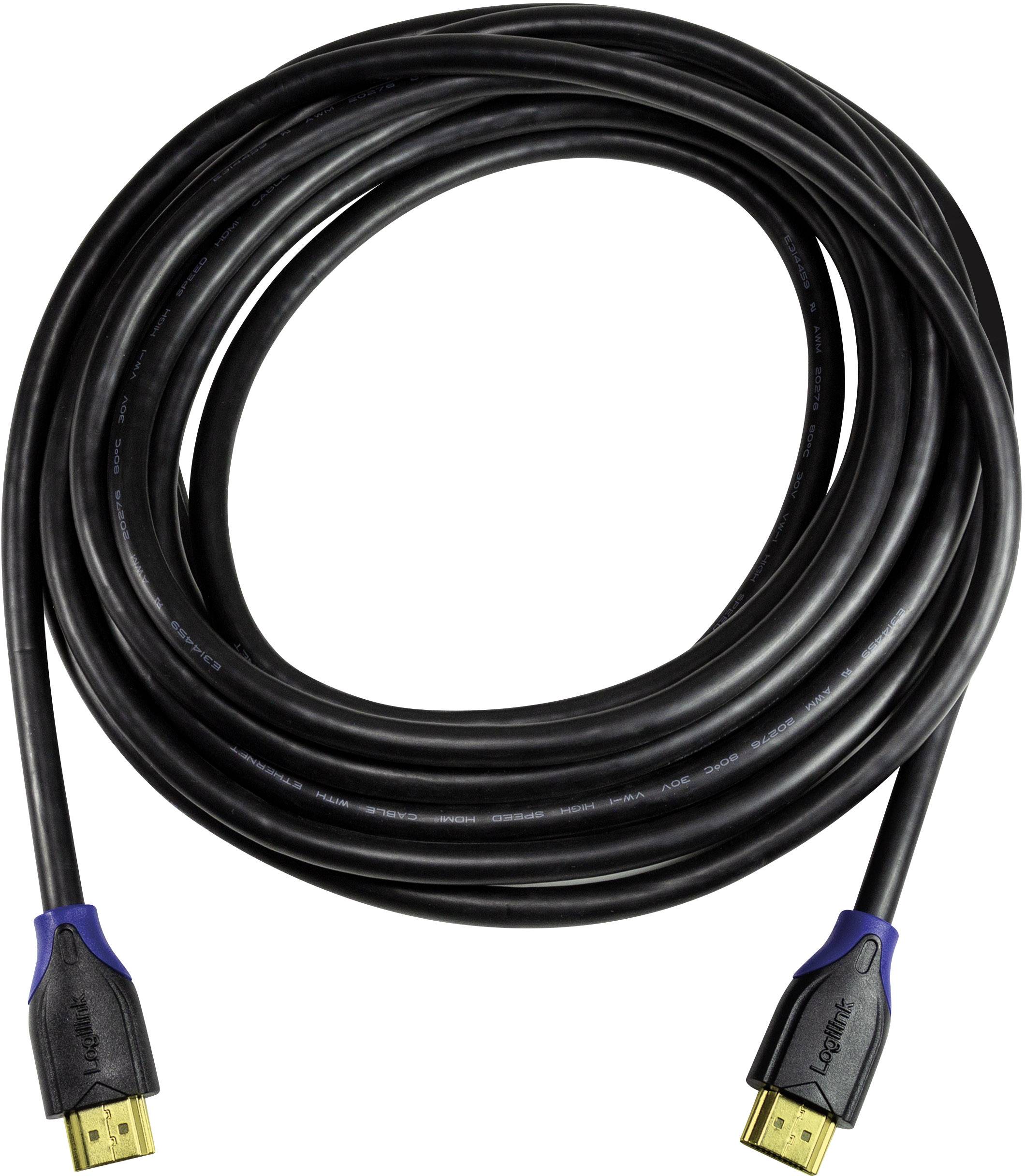 Dlouhý HDMI kabel navinutý do klubka, s černými a modrými konektory na obou koncích, vhodný pro propojení audio a video zařízení.