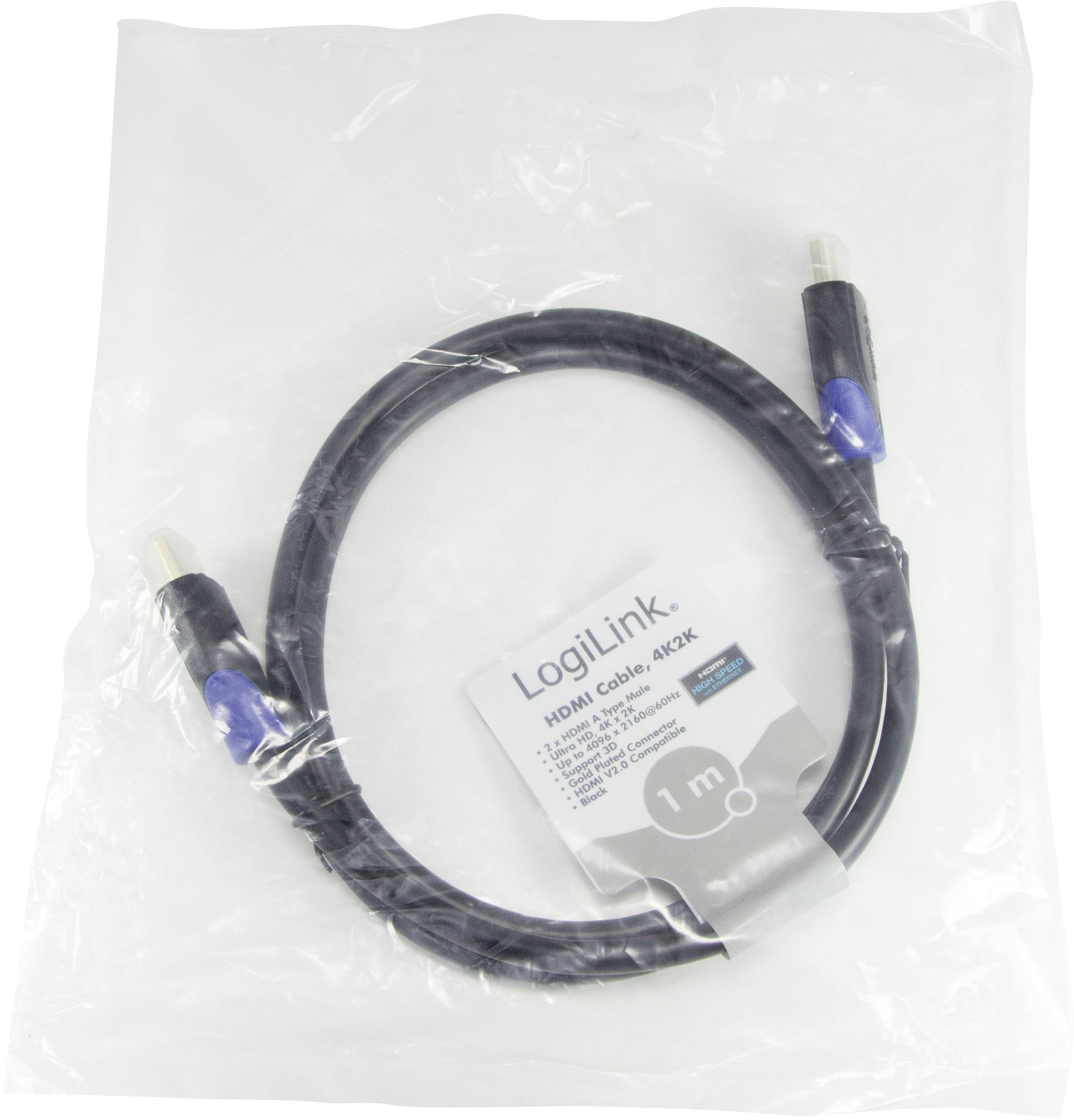 Černý HDMI kabel značky LogiLink, jeden metr dlouhý, v průhledném obalu.