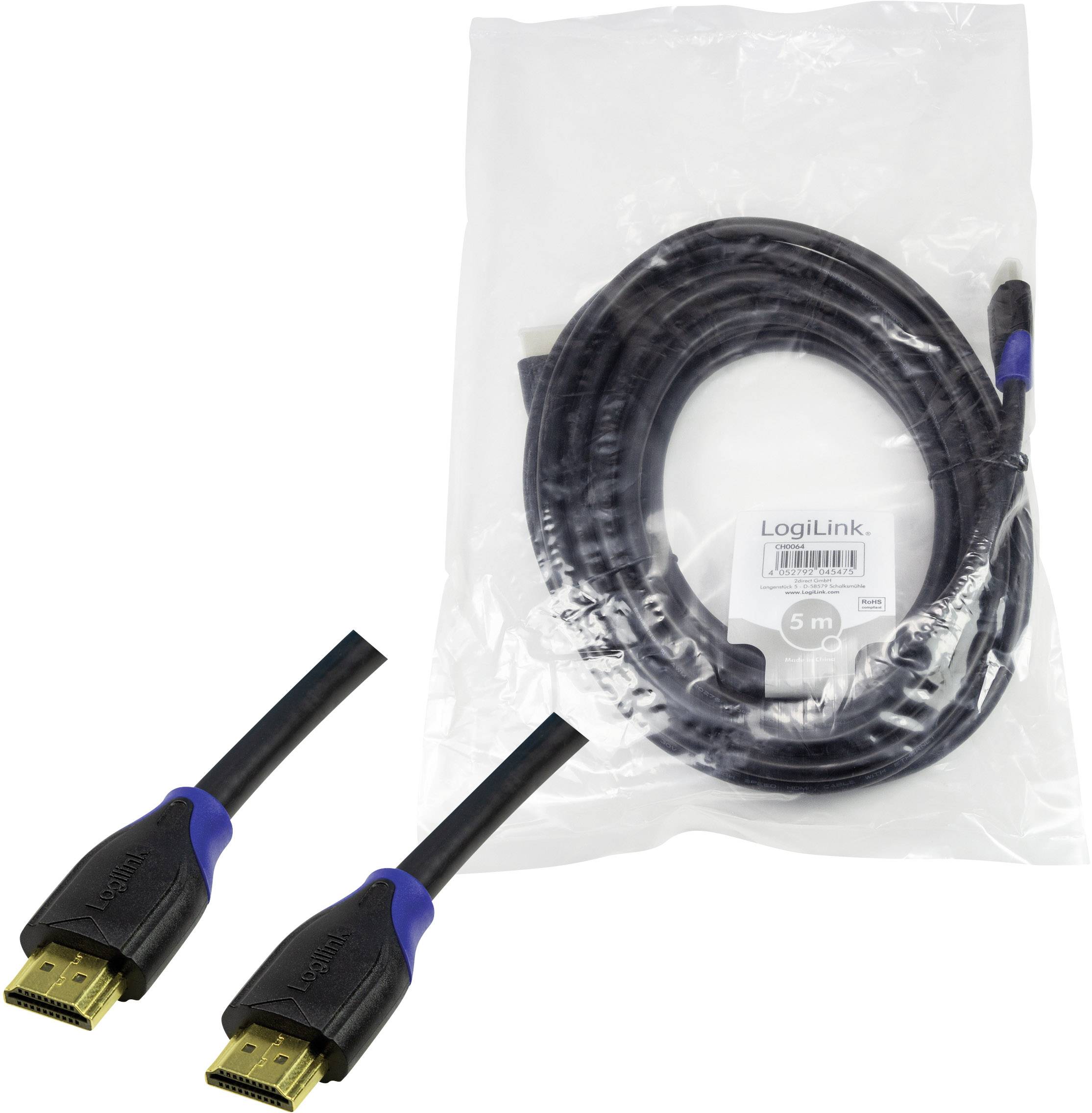 HDMI kabel od LogiLinku, 5 metrů, černý, v plastovém obalu. Dva viditelné koncovky se zlatými konektory a modrými detaily.