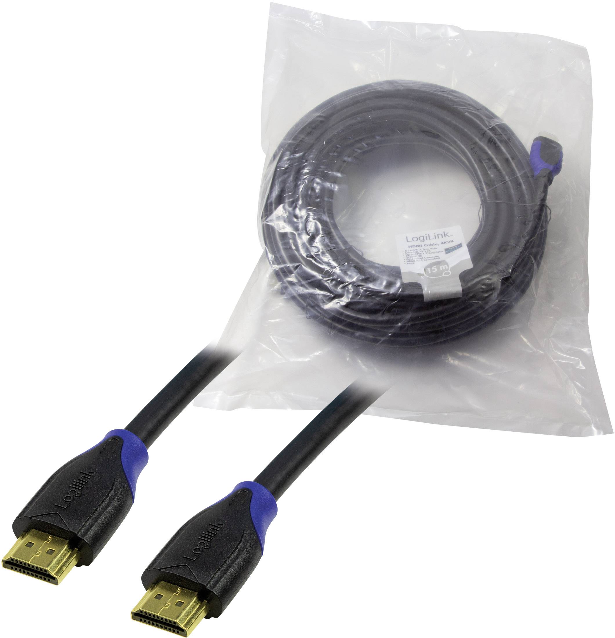 HDMI kabel v průhledném obalu, černý kabel s modrými akcenty, logo LogiLink viditelné na konektorech.