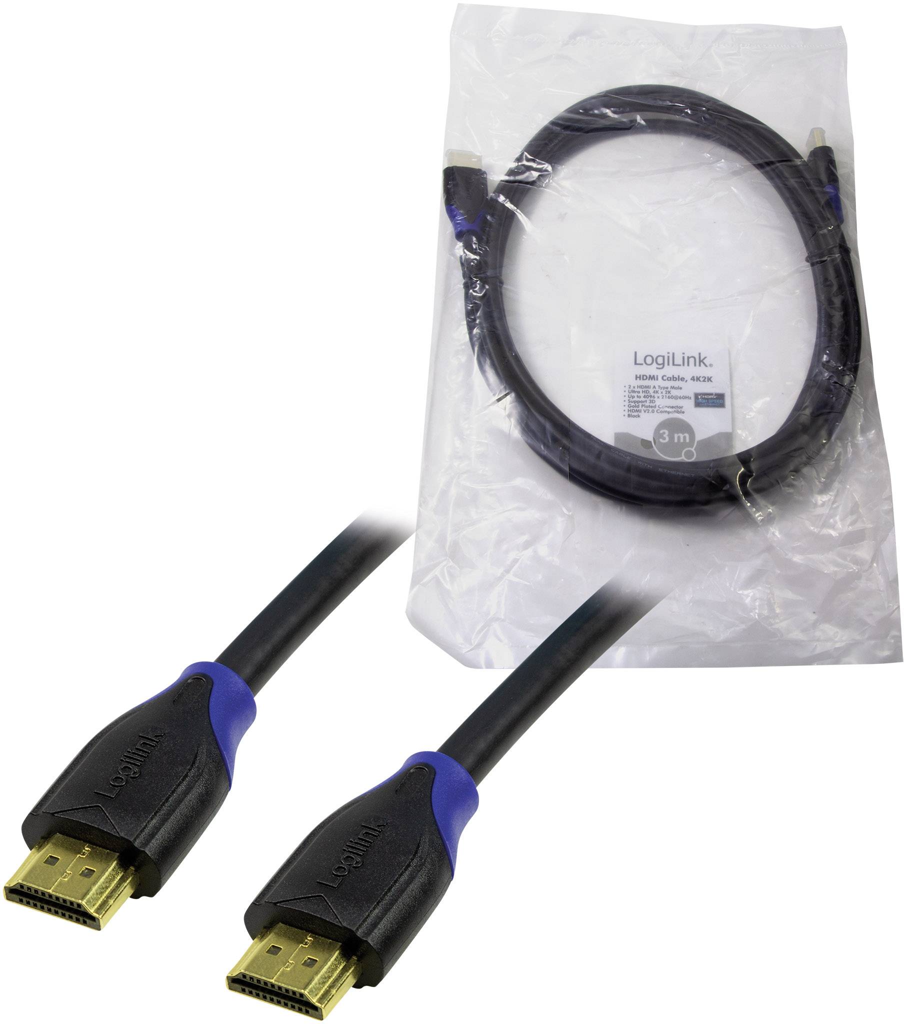 HDMI kabel od společnosti LogiLink, dlouhé 3 metry, v obalu. Vlevo na obrázku jsou dva kabelové konektory se modrými akcenty.