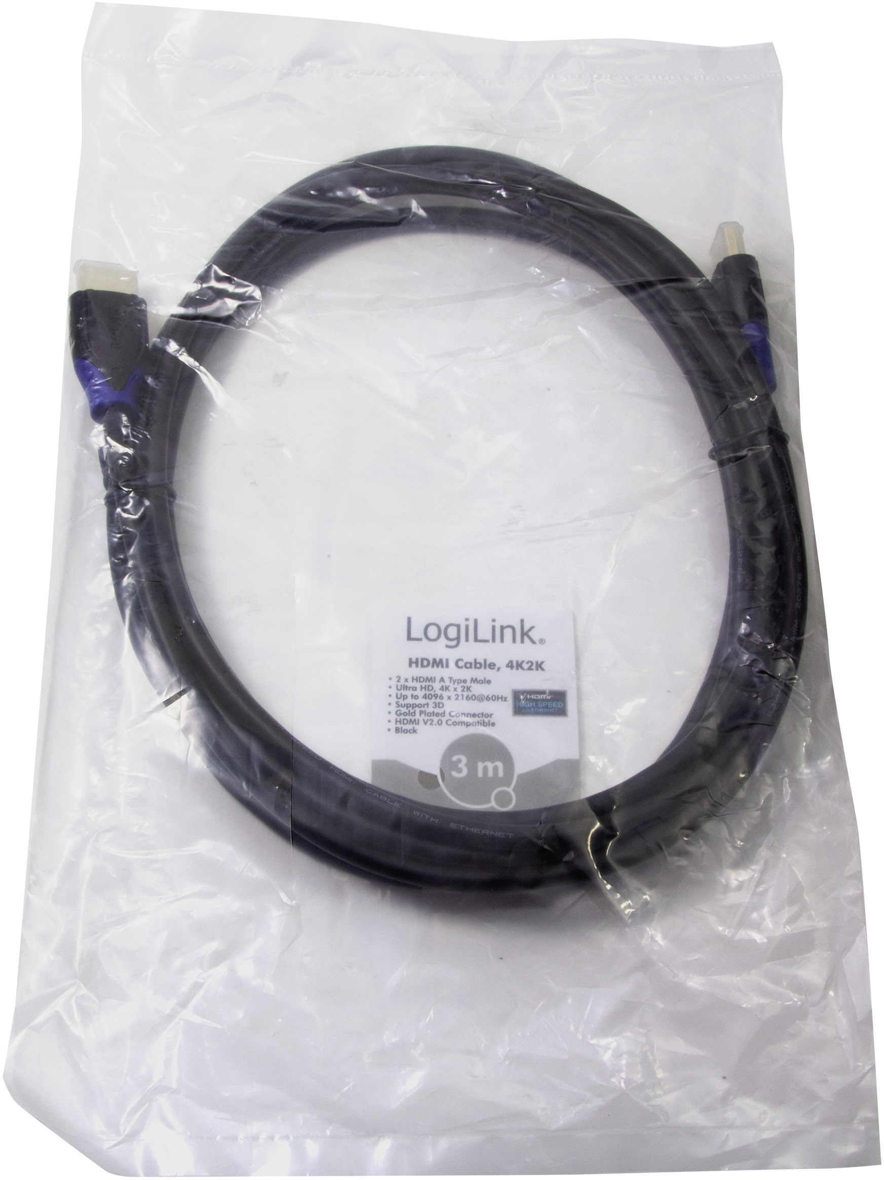 Zabalený HDMI kabel LogiLink pro 4K2K o délce 3 metrů.