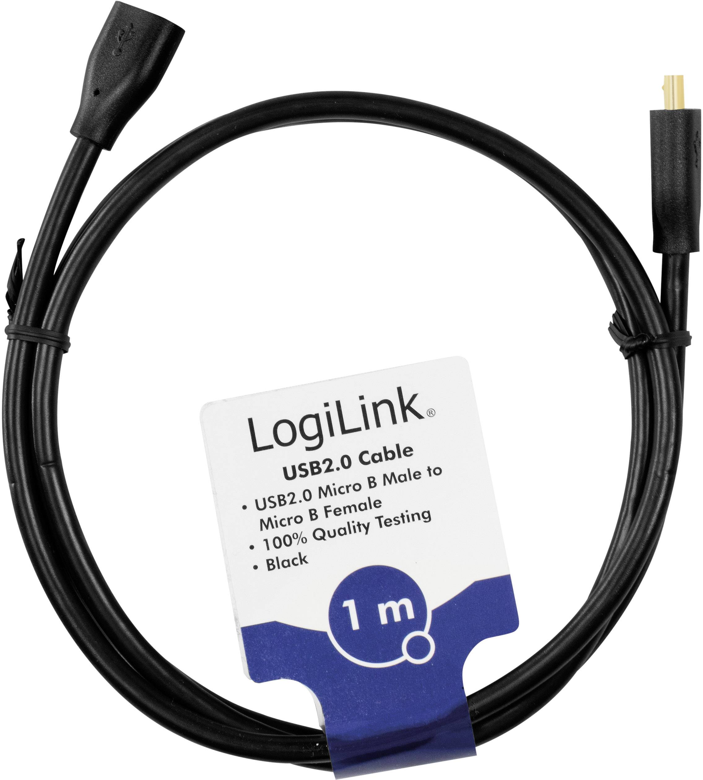 Logický Link USB 2.0 kabel, 1 m, samec Micro B na samici Micro B, černý, 100% kontrola kvality