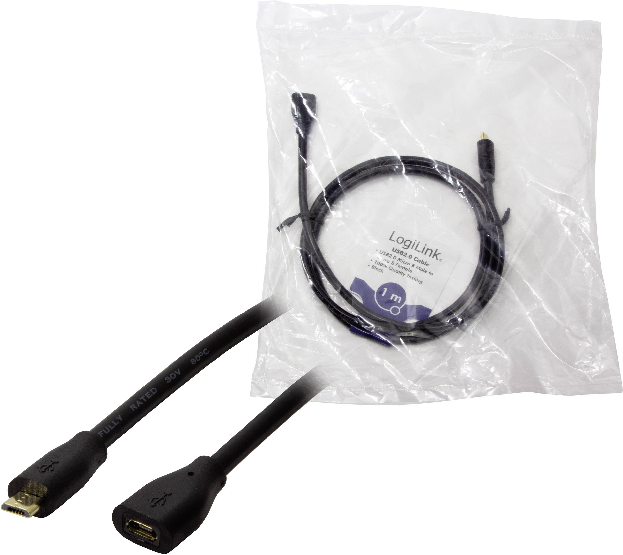 USB prodlužovací kabel značky LogiLink v průhledném obalu. Kabel je dlouhý 1 metr.
