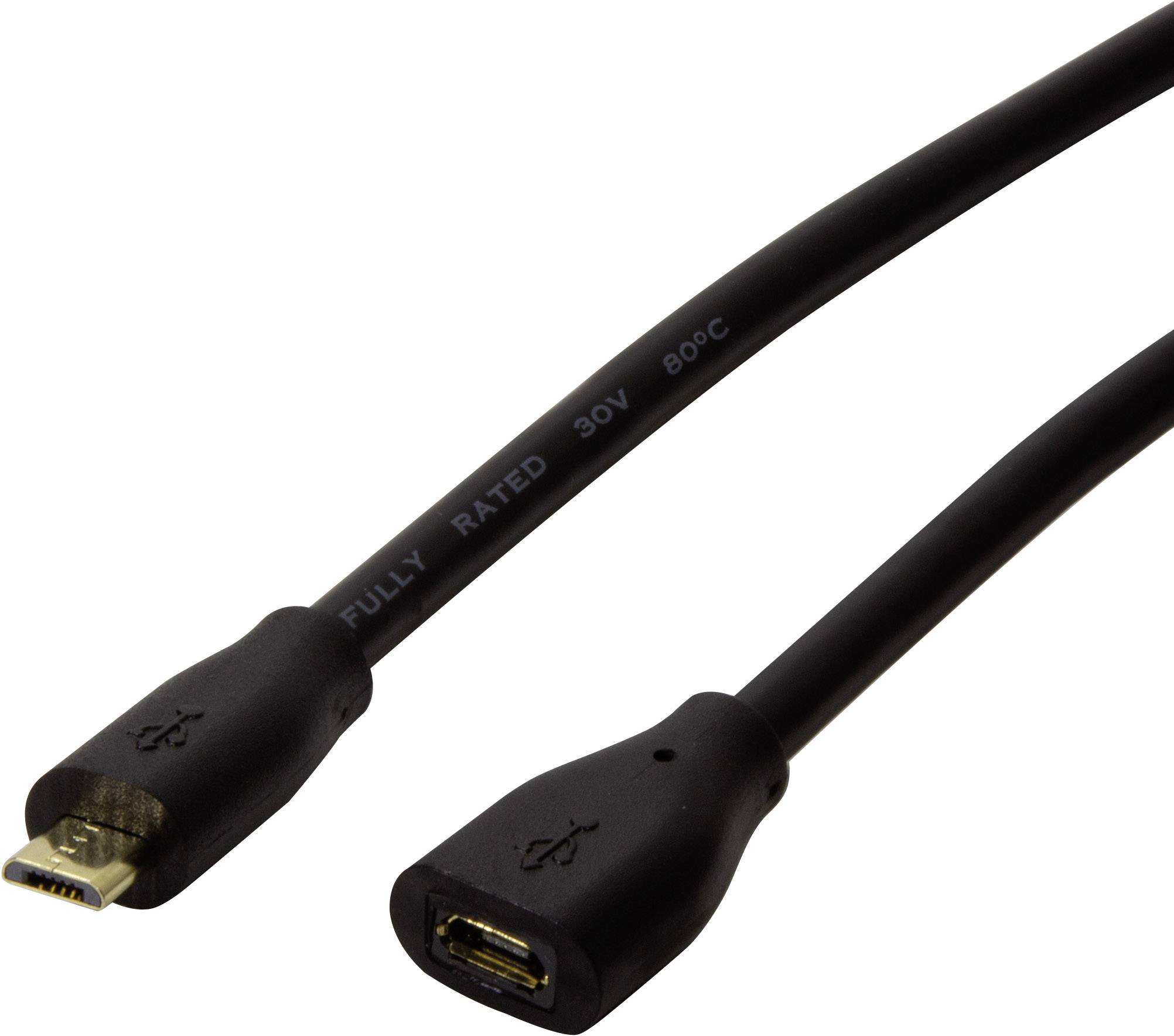 Černý USB kabel, USB-A na Micro-USB konektor, na bílém pozadí. Vhodný pro přenos dat a nabíjení.