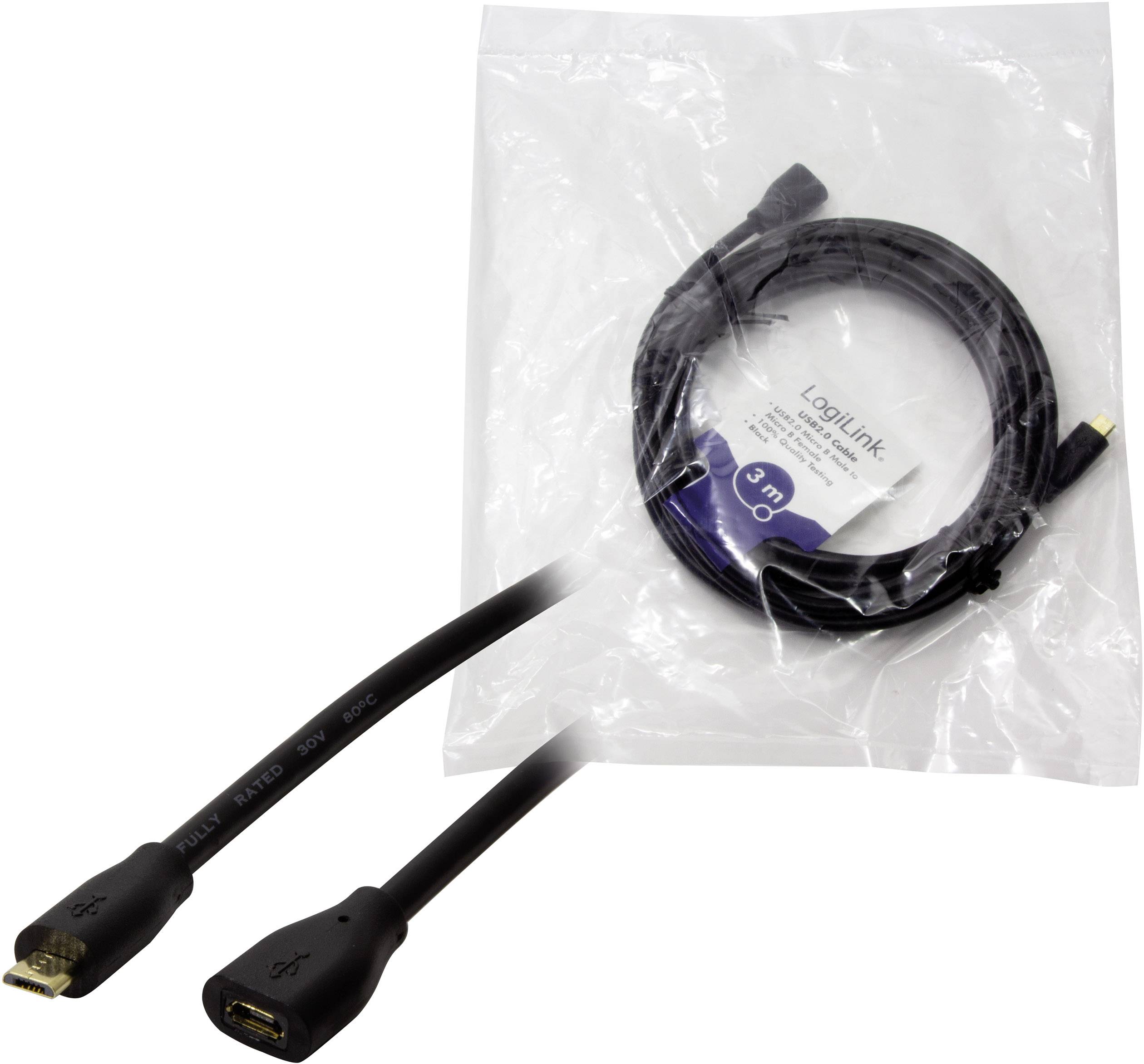 USB prodlužovací kabel (3m) v balení, s mužským a ženským konektorem, značky LogiLink.