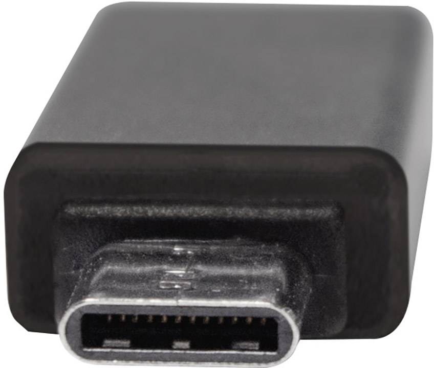 Černý USB-C konektor, který se používá pro připojení elektronických zařízení za účelem přenosu dat nebo nabíjení.