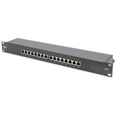 16portový patch panel pro síťové kabely, model CAT.6, v černém provedení, vhodný pro racky.