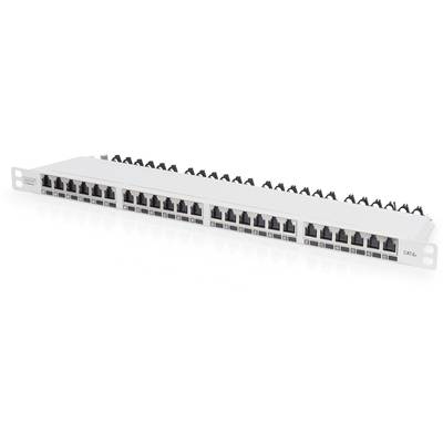 Patch panel se 24 RJ45 porty pro síťová připojení. Je namontován a navržen pro kabely CAT 6A.
